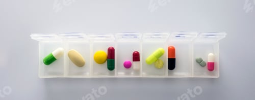 Preview: Weekly Pillbox With Medication, Conceptual Image, Horizontal Composition