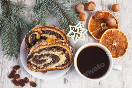 Preview: Poppy Seeds Cake On Plate, Cup Of Coffee And Spruce Branches, Dessert For Christmas, Rolled Up