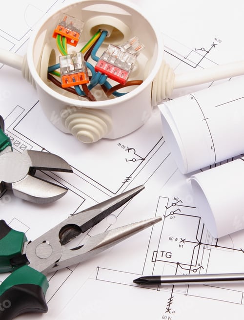 Preview: Work Tools, Rolls Of Diagrams And Cable Connections In Electrical Box Lying On Construction