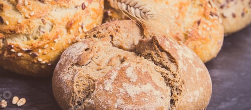Preview: Fresh Baked Homemade Wholegrain Rolls With Seeds And Ears Of Rye Or Wheat Grain. Vintage Photo