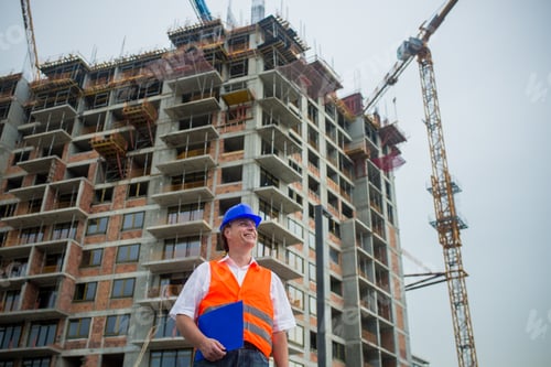 Preview: Smiling Engineer Holding Documents On A Construction Site With Buildings And Cranes In The