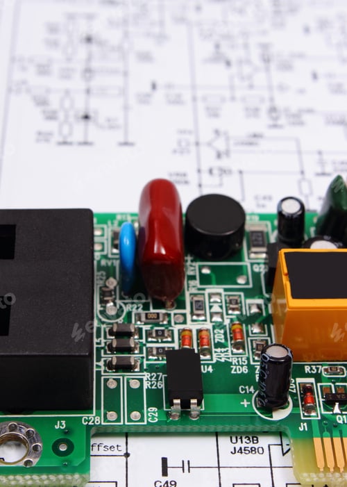 Preview: Printed Circuit Board With Electrical Components Lying On Construction Drawing Of Electronics