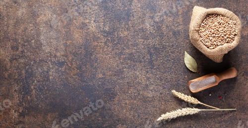 Preview: Bakery Ingredients For Homemade Bread Baking On Table. Wheat Grain Food As Panoramic Top View At