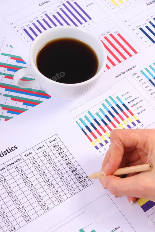 Preview: Analysis Of Sales Plan, Cup Of Coffee On Financial Chart, Business Report, Business Work Station