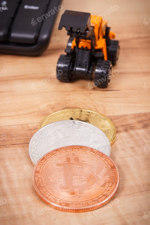 Preview: Bitcoin Coins With Miniature Excavator And Computer Keyboard As Symbol Of Mining Cryptocurrency