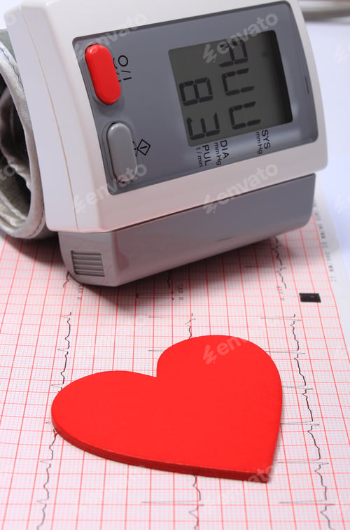 Preview: Instrument For Measuring Blood Pressure And Red Heart Shape On Electrocardiogram Graph, Ekg Heart
