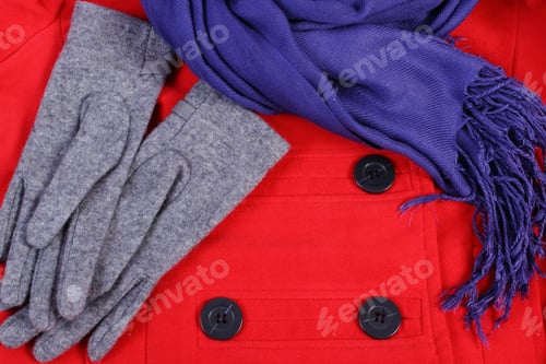 Preview: Woolen Gloves And Shawl For Woman On Red Coat Background, Womanly Accessories, Warm Clothing For