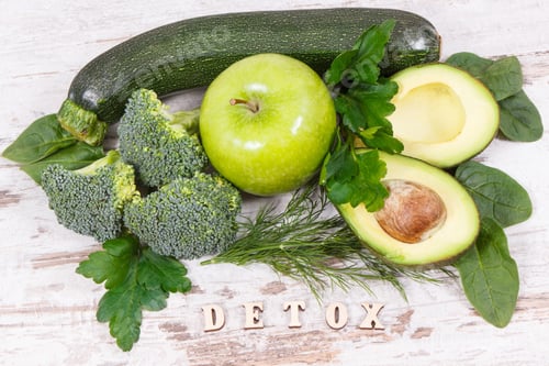 Preview: Inscription Detox With Fresh Green Fruits And Vegetables Containing Fiber, Natural Vitamins And