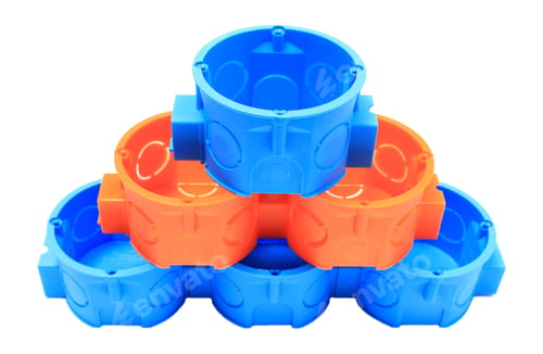 Preview: Stack Of Blue And Orange Plastic Electrical Boxes On White Background, Junction Boxes, Accessories