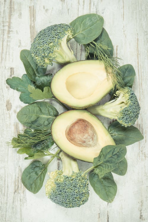 Preview: Vintage Photo, Fresh Green Fruits And Vegetables Containing Fiber, Natural Vitamins And Minerals
