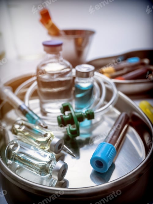 Preview: Several Vials And Blood Sample In A Metal Tray, Conceptual Image