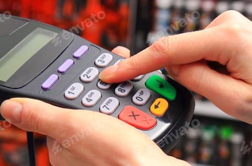 Preview: Hand Of Woman Using Payment Terminal In Shop, Paying With Credit Card, Enter Personal