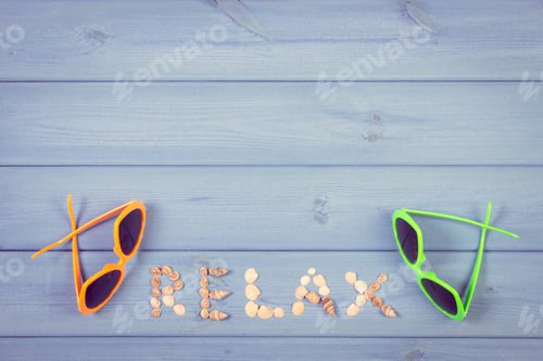 Preview: Vintage Photo, Inscription Relax Made Of Seashells And Sunglasses On Boards, Summer And Vacation