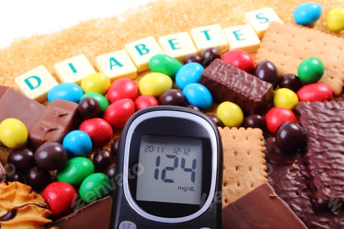 Preview: Glucose Meter With Word Diabetes, Heap Of Candies, Cookies And Brown Cane Sugar, Too Many Sweets