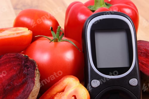Preview: Fresh Ripe Vegetables And Glucose Meter On Wooden Table, Diabetes, Healthy Lifestyle And Nutrition