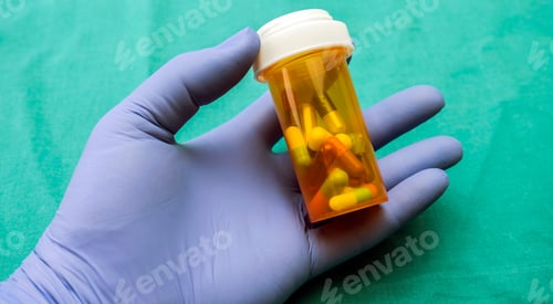Preview: Nurse Supports Capsules Bottle With Left Hand With Glove Of Blue Latex In A Hospital