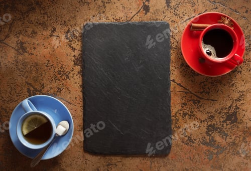 Preview: Cup Of Coffee And Tea At Abstract Stone Background