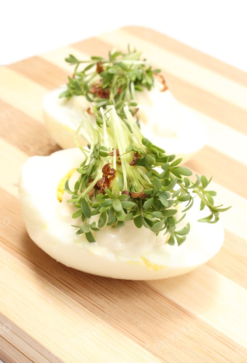 Preview: Halves Of Egg With Mayonnaise And Fresh Green Cress Lying On Wooden Cutting Board, Watercress