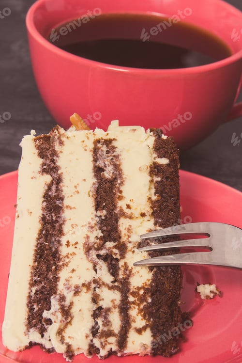 Preview: Fresh Creamy Cake With Different Layers And Cup Of Black Coffee, Concept Of Delicious Dessert For