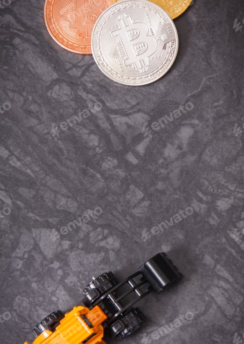 Preview: Bitcoin Coins And Miniature Excavator, Symbol Of Mining Cryptocurrency, Modern Finance And
