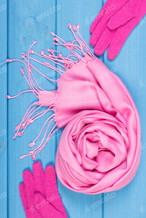 Preview: Womanly Woolen Pink Gloves And Shawl On Boards. Clothing For Autumn Or Winter