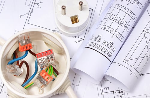 Preview: Electrical Box With Connections Of Electric Copper Wires, Plug And Housing Plan. Components Using