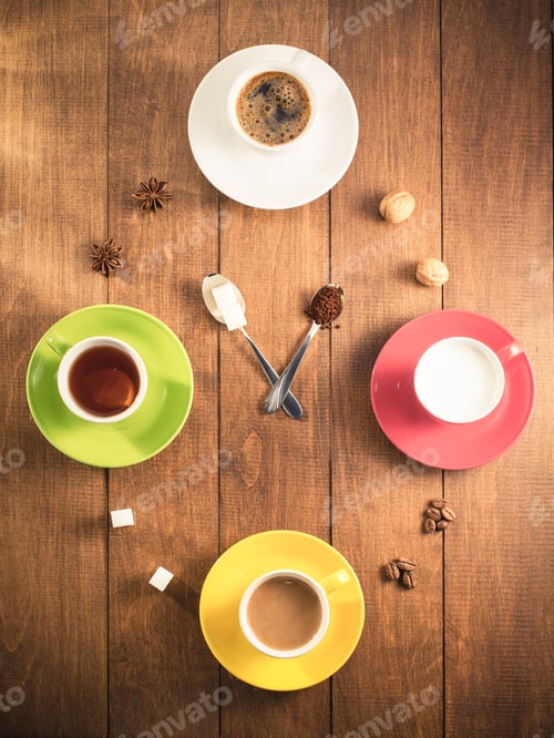 Preview: Cup Of Tea, Milk, Coffee On Wooden Background