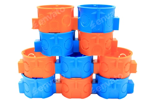 Preview: Stack Of Orange And Blue Plastic Electrical Boxes On White Background, Junction Boxes, Accessories
