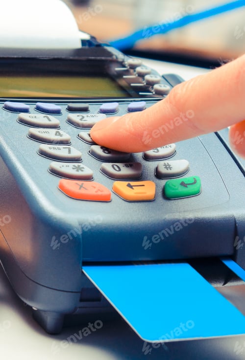 Preview: Hand Of Woman Using Payment Terminal In Electrical Shop, Paying With Credit Card, Enter Personal
