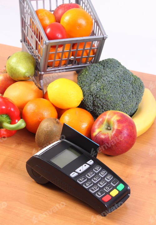 Preview: Payment Terminal, Credit Card Reader With Credit Card And Fresh Fruits And Vegetables With Plastic