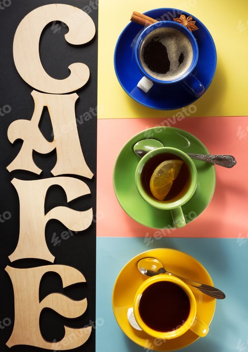 Preview: Cup Of Coffee, Tea And Cacao At Colorful Background