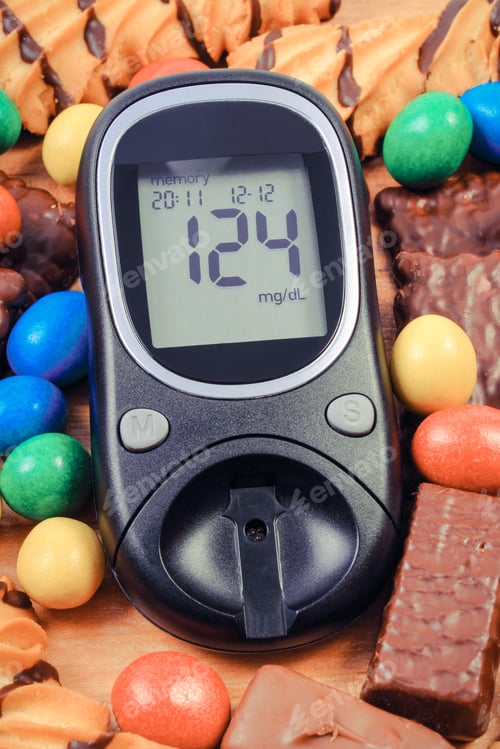 Preview: Glucose Meter With Result Of Measurement Sugar Level And Candies With Cookies. Diabetes And