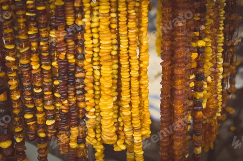 Preview: Vintage Photo, Orange Shiny Amber Necklace, Shopping Jewelry And Womanly Accessories On Stall At
