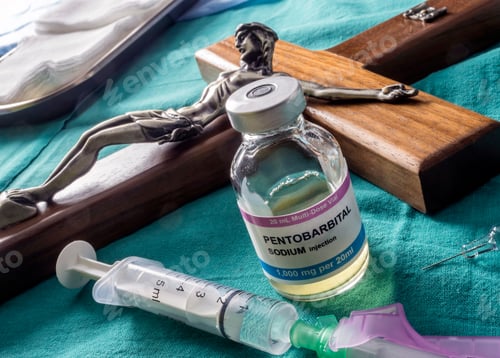 Preview: Vial With Doses Of Pentobarbital Next To A Crucifix, Debate Between Life And Death, Religious