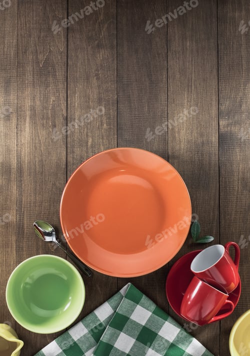 Preview: Dishes Set On Wooden Background