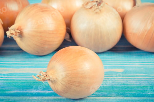 Preview: Vintage Photo, Heap Of Onions Lying On Boards, Concept Of Healthy Nutrition