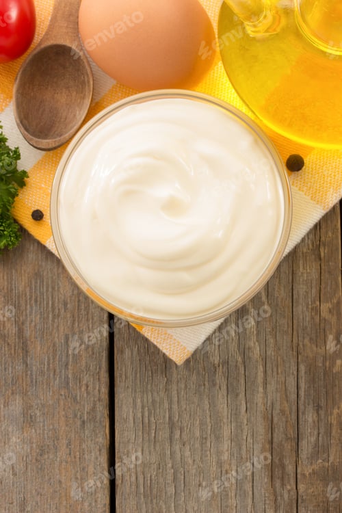 Preview: Mayonnaise Sauce In Bowl On Wooden Background