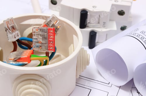 Preview: Copper Wire Connections In Electrical Box, Rolls Of Electrical Diagrams And Electric Fuse On
