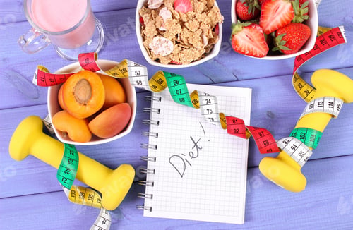 Preview: Fresh Healthy Food, Dumbbells For Fitness, Tape Measure And Notebook For Writing Notes. Concept Of