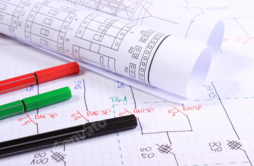 Preview: Rolls Of Electrical Diagrams And Accessories For Drawing Lying On Construction Drawings, Drawings