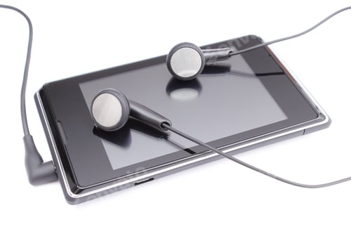 Preview: Modern Mobile Phone With Connected Headphones Isolated On White Background
