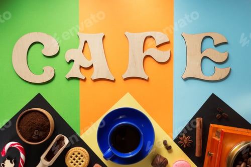 Preview: Cup Of Coffee And Ingredients At Colorful Background