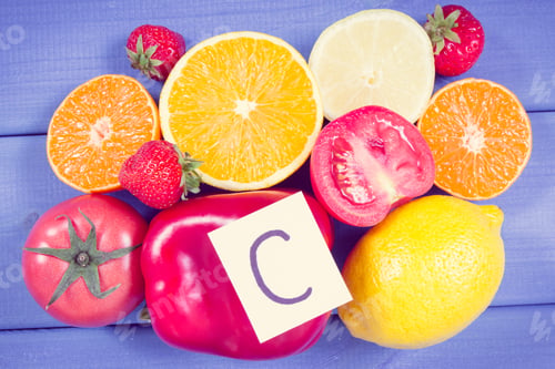 Preview: Vintage Photo, Fresh Ripe Fruits And Vegetables As Sources Of Minerals Containing Vitamin C