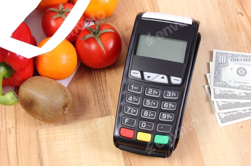 Preview: Credit Card Reader, Payment Terminal With Currencies Dollar And Fresh Fruits And Vegetables In