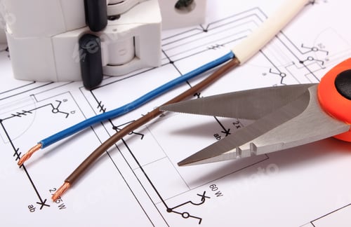 Preview: Cable Cutter, Electric Wire And Fuse Lying On Construction Drawing Of House, Accessories For