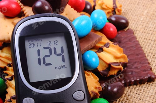 Preview: Glucose Meter With Heap Of Candies And Cookies On Jute Burlap, Too Many Sweets, Concept Of Diabetes