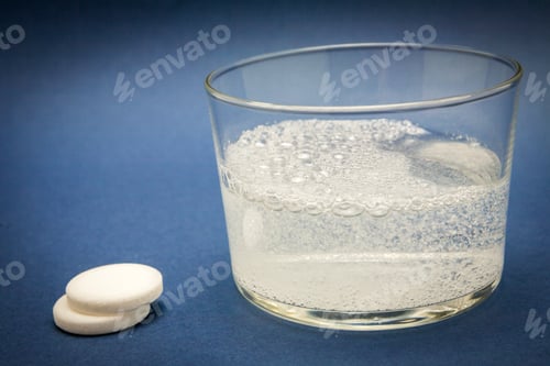 Preview: Effervescent Tablet Into Glass Of Water Isolated On Blue