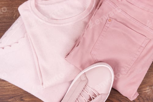 Preview: Womanly Pink Leather Shoes, Cotton Pants And Woolen Sweater Lying On Rustic Boards