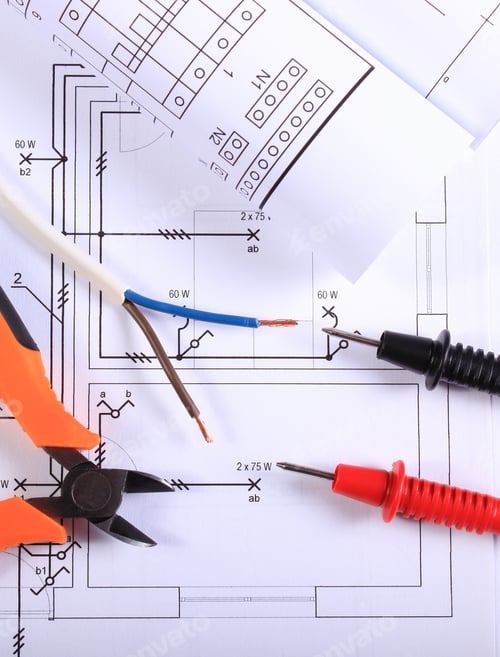 Preview: Cables Of Multimeter, Metal Pliers, Electric Wire And Construction Drawings, Electrical Drawings
