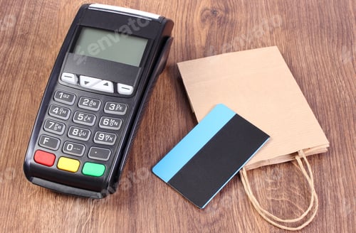 Preview: Credit Card Reader, Payment Terminal With Contactless Credit Card And Paper Shopping Bag, Cashless